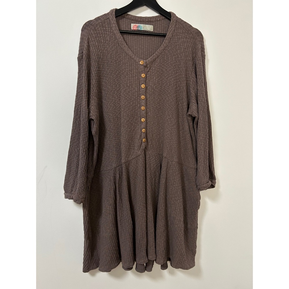 FP Beach Blossom Brown Ribbed V Neck‎ Button Down Drop Waist Tunic Dress Medium